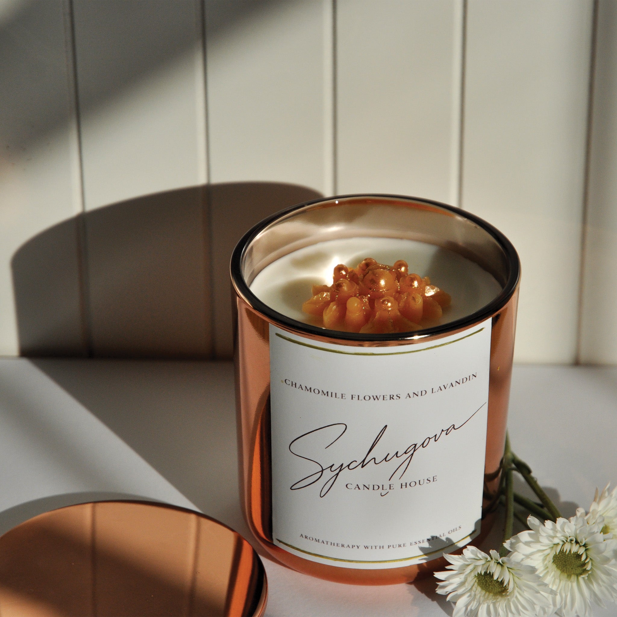 Coconut-soy chamomile and lavandin candle with dried botanicals, hand-poured in Texas for evening calm