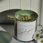 Cucumber and waterlily candle close-up showing coconut-soy wax and cherry wood wick texture